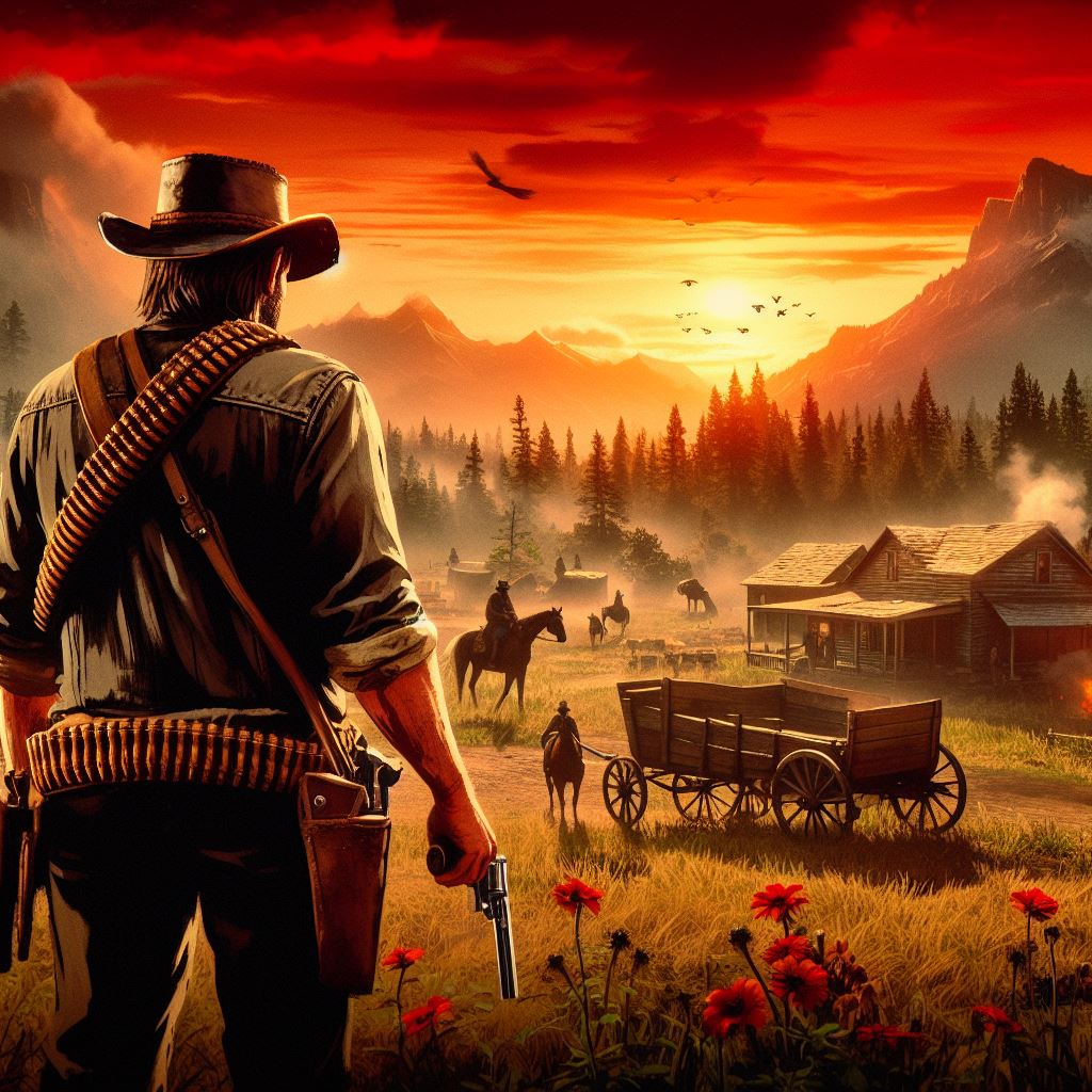 a cowboy is holding a revolver and looking forward to village 